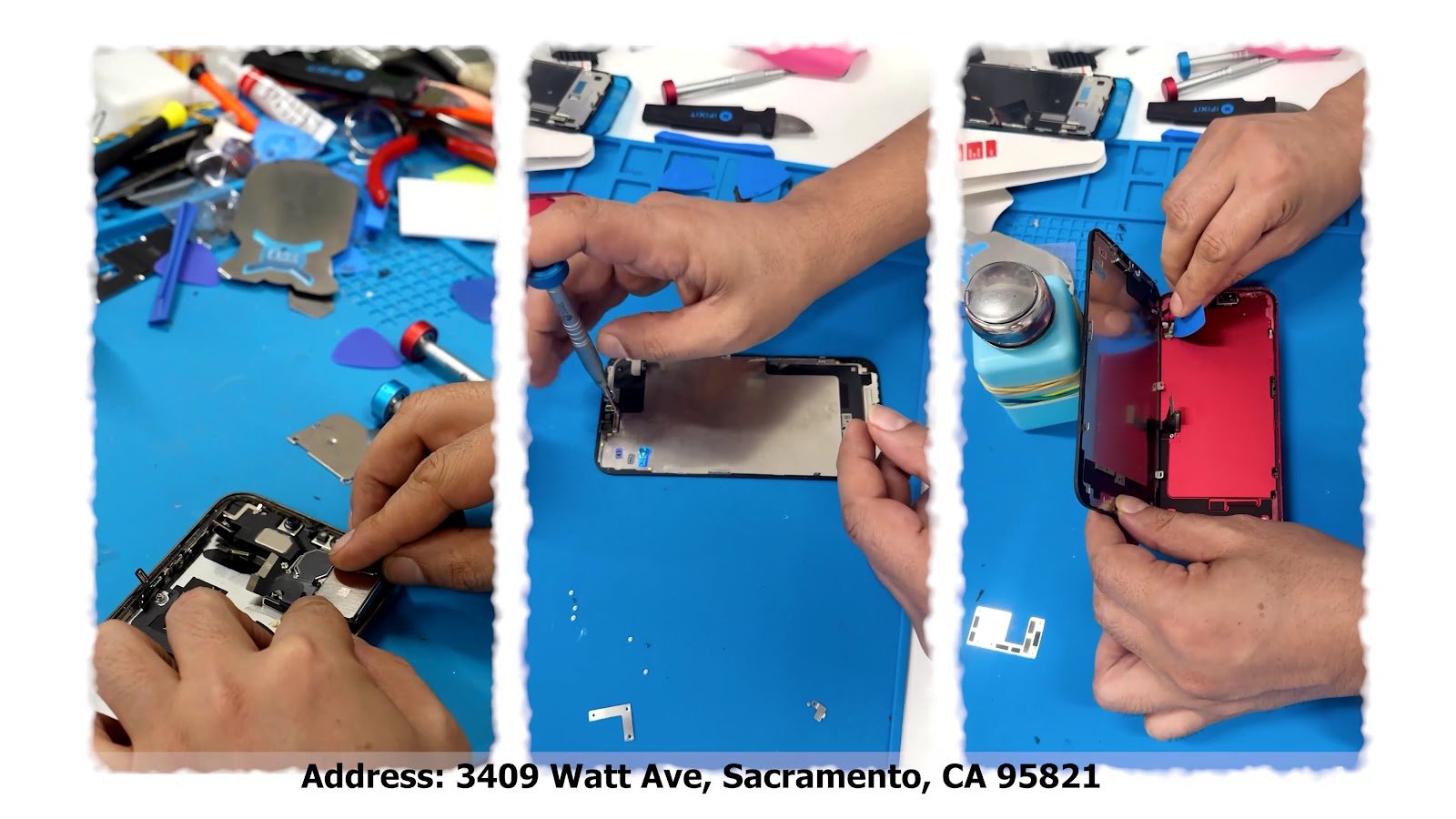 iPhone screen repair in progress on our Sacramento workbench